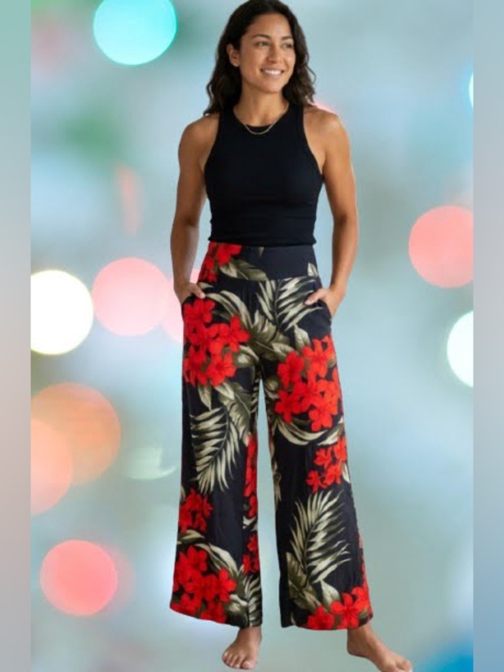 Tropical Style Hawaiian Wide Leg Pull On Pants Vibrant Colors Size M